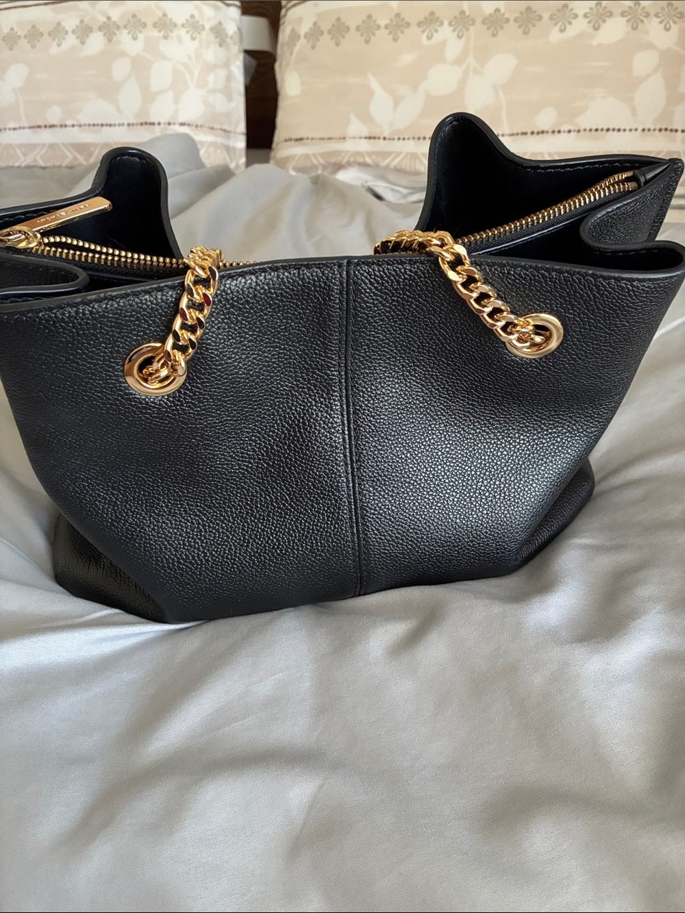 Michael Kors Black Pebbled Leather Tote with Gold Chain Handles - Picture 2 of 5